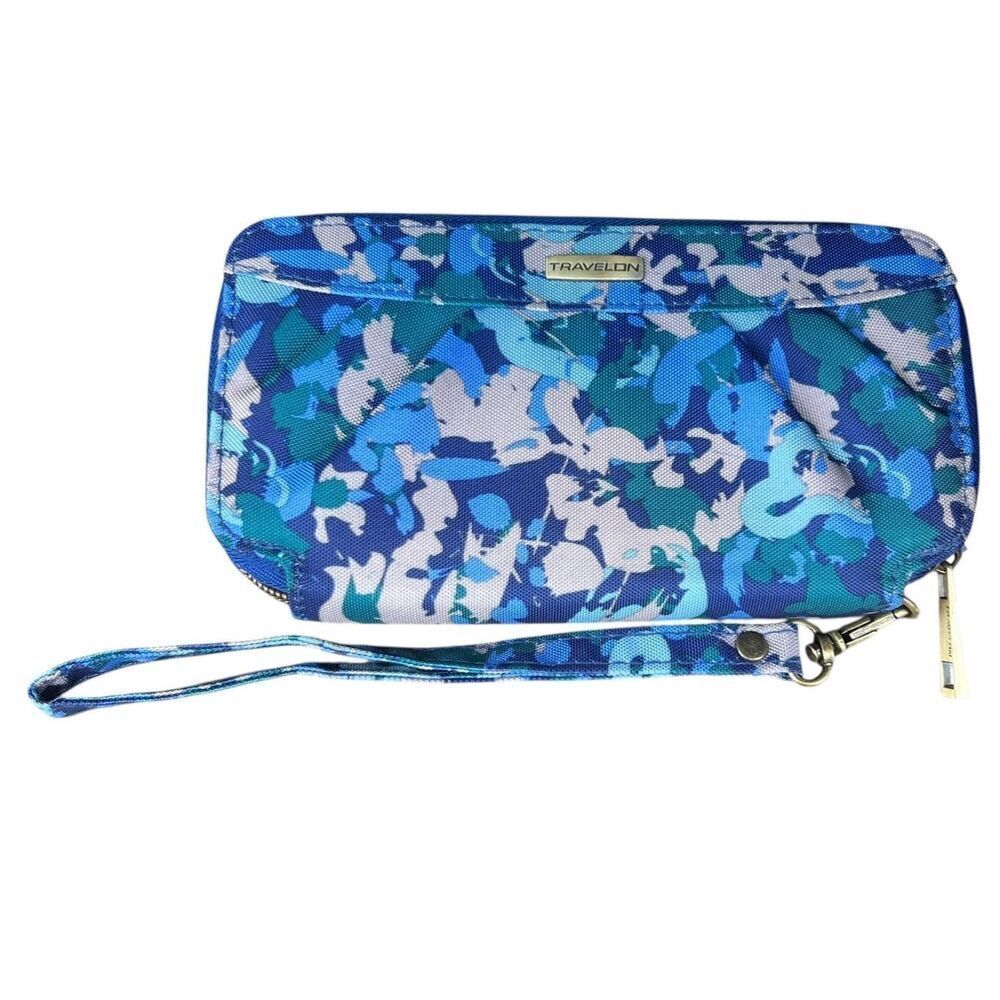 Travelon Wallet Wristlet Blue multi RFID Block Zip Top Clutch Travel Organizer